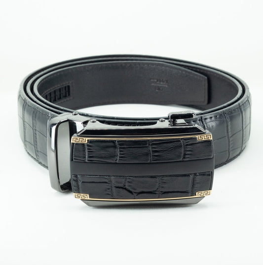 Cinturón Automático Serpent Noir – Cuero Negro Texturizado con Hebilla Dorada